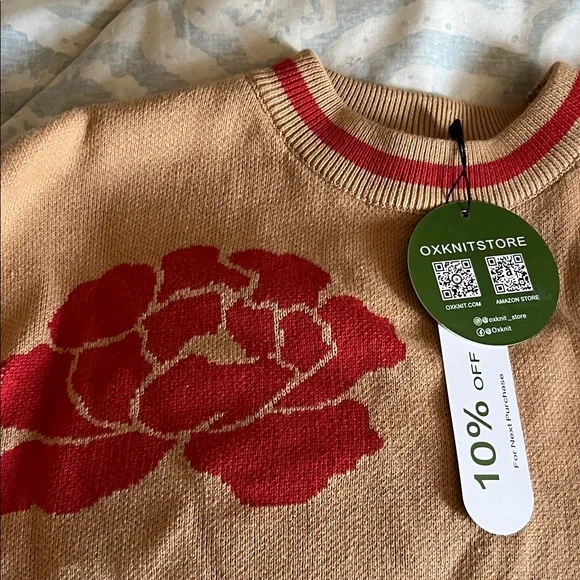 Women’s Tan Crewneck Sweater with Red Floral Motif - Unbranded - Picture 3 of 5